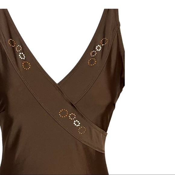 Janine Robin Swarovski Jeweled French One-Piece Swimsuit Sz 10 Brown Low-Back - Picture 5 of 7